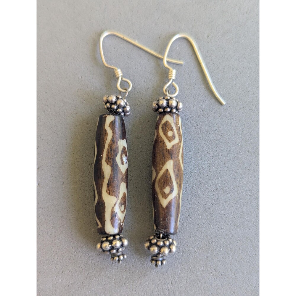 Vintage African Trade Bead Style Dangle Earrings Brown Cream Barrel Boho